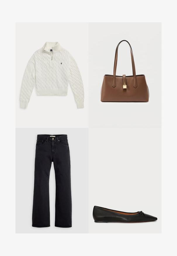 Pull blanc en maille torsadée à demi-fermeture éclair avec col, poignets et bas en côtes, présentant un petit logo cheval brodé foncé sur la poitrine.; Jean noir taille haute à coupe droite, fermeture par bouton et zipper à l’avant, design à cinq poches sur fond clair uni.; Ballet flat en cuir noir avec un bout pointu, une silhouette élancée et un petit nœud à l'avant. Texture lisse et design minimal.; Sac à main en cuir marron avec deux longues anses et un détail de cadenas doré sur la sangle centrale avant, sur un fond clair uni.