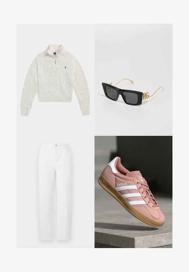 Hvid kabelstrikket sweater med halv lynlås, ribkrave, manchetter og kant, med en lille mørk broderet hestelogo på brystet.; Hvide straight-leg jeans lavet af denim, med knaplukning, to frontlommer og rene syninger. Simpelt design uden synlige mønstre.; Rosa ruskinds sneaker med hvide striber, gummisål, tekstureret overdel og logo på tungen. Klassisk low-top design.; Sorte rektangulære solbriller med mørke linser. Guldmetalarme med dobbelt 'G' logo accent. Glat plastisk ramme.