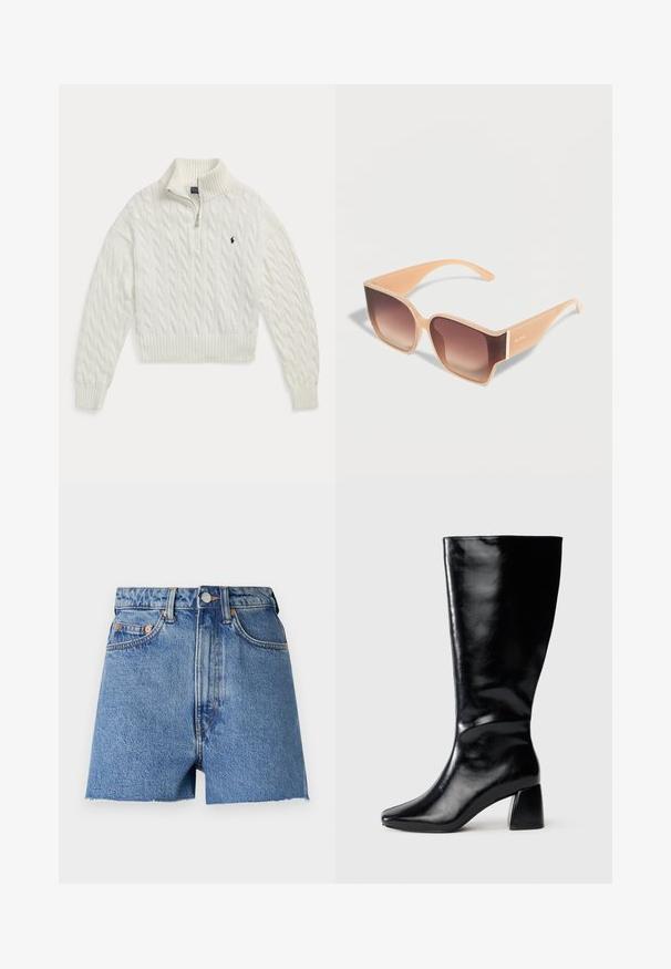 Pull blanc en maille torsadée à demi-fermeture éclair avec col, poignets et bas en côtes, présentant un petit logo cheval brodé foncé sur la poitrine.; Shorts en denim bleu clair avec taille haute, ourlet effiloché et quincaillerie en cuivre. Comprend deux poches avant et un design classique à cinq poches.; Botte en cuir noire hauteur genou avec un talon carré et une pointe légèrement pointue, présentée de côté sur un fond neutre.; Lunettes de soleil à monture carrée beige avec des verres dégradés marron et des branches larges, marquées ALDO sur la branche.