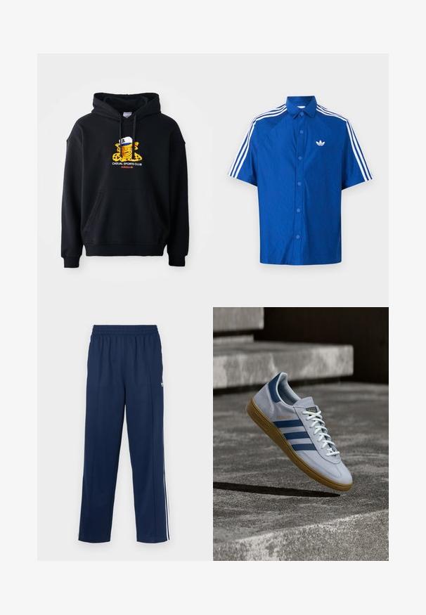 Schwarzer Kapuzenpullover aus Baumwolle, mit einem bunten Grafikmotiv eines Charakters mit einer Mütze. Enthält eine vordere Kängurutasche und gerippte Bündchen.; Blaues kurzärmliges Hemd mit Knopfleiste, weißem Adidas-Logo auf der Brust und drei weißen Streifen entlang der Schultern und Ärmel.; Marineblaue Sporthose mit strukturierter Oberfläche, elastischem Bund und weißen Seitenstreifen. Mit geradem Schnitt und ohne Taschen.; Hellblauer Adidas Spezial Sneaker mit dunkelblauen Streifen und Gummisohle, in der Luft über Betontreppen in neutralem Außenbereich gezeigt.