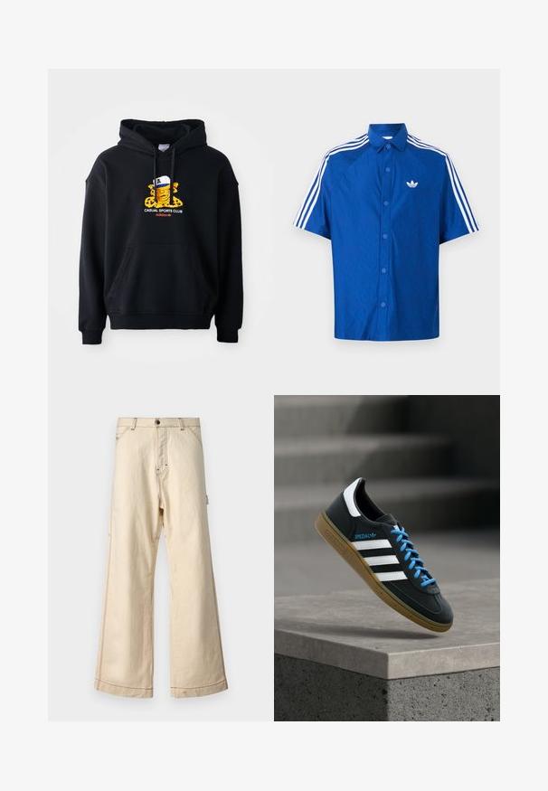 Schwarzer Kapuzenpullover aus Baumwolle, mit einem bunten Grafikmotiv eines Charakters mit einer Mütze. Enthält eine vordere Kängurutasche und gerippte Bündchen.; Blaues kurzärmliges Hemd mit Knopfleiste, weißem Adidas-Logo auf der Brust und drei weißen Streifen entlang der Schultern und Ärmel.; Beige weit geschnittene Hose aus Baumwolle mit einem Reißverschluss und Knopfverschluss, mit kontrastierenden Nähten und Seitentaschen.; Schwarzer Adidas-Sneaker mit weißen Streifen, blauen Schnürsenkeln und Gummisohle, der über einer grauen Betontreppe im weichen Licht schwebt.