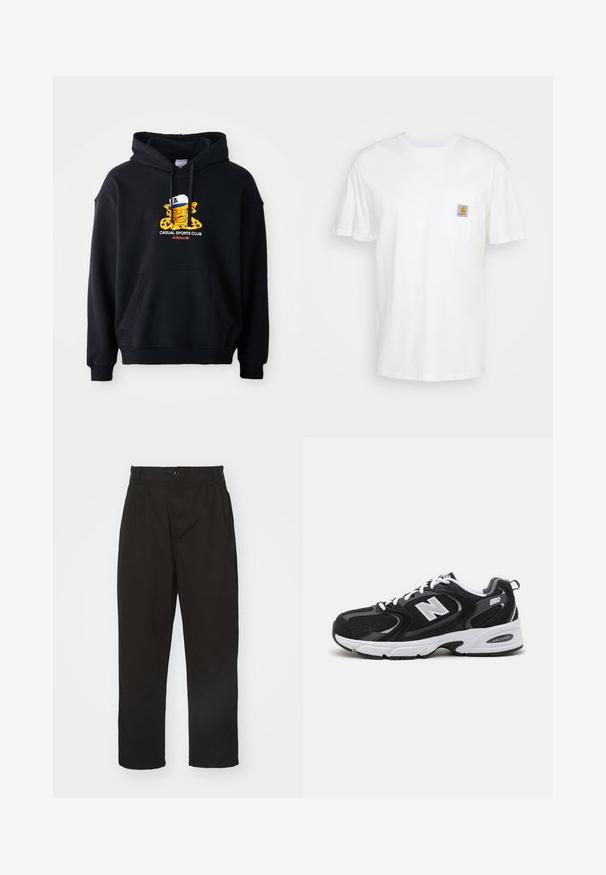 Zwarte hoodie van katoen, met een kleurrafgrafiek van een personage met een pet. Inclusief een voorste kangoeroezak en geribde manchetten.; Witte katoenen t-shirt met korte mouwen, een borstzak en een klein vierkant logo-opdruk in oranje en wit op de zak.; Zwarte broek van gladde stof, met knoopsluiting, rechte snit en twee voorplooien voor extra detail.; Zwarte en grijze sport schoenen met een bovenwerk van mesh en suede, voorzien van een witte tussenzool, veters en een gedurfde "N"-logo aan de zijkant.