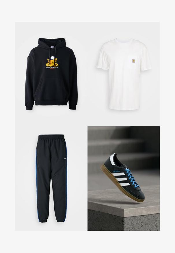 Schwarzer Kapuzenpullover aus Baumwolle, mit einem bunten Grafikmotiv eines Charakters mit einer Mütze. Enthält eine vordere Kängurutasche und gerippte Bündchen.; Weißes Baumwoll-T-Shirt mit kurzen Ärmeln, einer Brusttasche und einem kleinen quadratischen Logopatch in Orange und Weiß auf der Tasche.; Schwarze Sporthosen mit elastischem Bund, blauen Seitenstreifen, Reißverschlusstaschen und schmal zulaufenden Bündchen für eine enge Passform. Hergestellt aus leichtem Material.; Schwarzer Adidas-Sneaker mit weißen Streifen, blauen Schnürsenkeln und Gummisohle, der über einer grauen Betontreppe im weichen Licht schwebt.