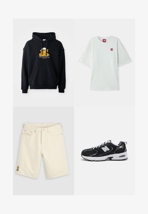 Schwarzer Kapuzenpullover aus Baumwolle, mit einem bunten Grafikmotiv eines Charakters mit einer Mütze. Enthält eine vordere Kängurutasche und gerippte Bündchen.; Hellgrünes Kurzarm-T-Shirt aus weicher Baumwolle, mit einem kleinen roten Logostein auf der linken Brustseite. Entspannte Passform und runder Halsausschnitt.; Off-white Denimshorts mit Frontknopf, Gürtelschlaufen, fünf Taschen und einem kleinen mehrfarbigen gestickten Logo am linken Bein.; Schwarze und graue Sportschuhe mit Obermaterial aus Mesh und Wildleder, ausgestattet mit einer weißen Zwischensohle, Schnürsenkeln und einem markanten "N"-Logo an der Seite.