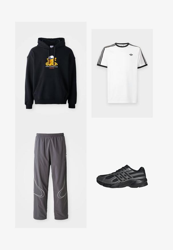 Schwarzer Kapuzenpullover aus Baumwolle, mit einem bunten Grafikmotiv eines Charakters mit einer Mütze. Enthält eine vordere Kängurutasche und gerippte Bündchen.; Weißes Baumwoll-T-Shirt mit schwarzem Rippenkragen und Ärmeln, mit drei schwarzen Streifen auf jeder Schulter und einem kleinen Logo auf der Brust.; Herren graue Sporthose mit elastischem Bund, Reißverschlusstaschen und reflektierenden weißen Akzenten an den Seiten. Leicht, glatte Textur.; Schwarze Sportschuhe aus Netz- und synthetischem Material, mit einer strukturierten Oberfläche, mehreren grauen Streifen und einem gepolsterten Schaft.