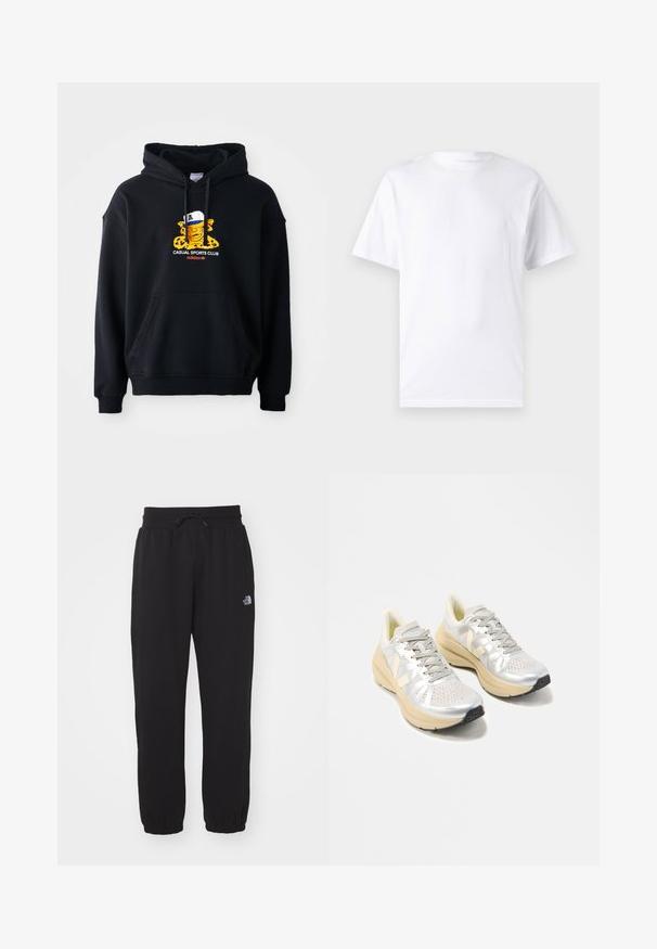 Sort hættetrøje i bomuld, prydet med et farverigt grafik af en karakter med kasket. Inkluderer en frontkangaroo-lomme og ribbestrikkede manchetter.; Hvid kortærmet t-shirt lavet af bomuld med rund hals, der har en glat tekstur og et simpelt design uden mønstre eller accenter.; Sorte sweatpants lavet af blødt stof, med en elastisk talje med snor, manchetter ved anklerne og et lille logo på det øverste lår.; Lys beige og hvide løbesko med tykke såler, grå snører, perforeret tå og logo på siden og tungen, placeret på hvid baggrund.
