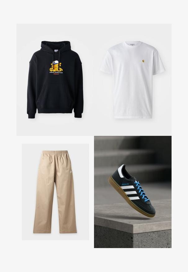 Zwarte hoodie van katoen, met een kleurrafgrafiek van een personage met een pet. Inclusief een voorste kangoeroezak en geribde manchetten.; Witte katoenen t-shirt met korte mouwen en ronde hals, voorzien van een klein gouden logo op de linkerkant van de borst. Zachte textuur en een normale pasvorm.; Beige wijde broek met elastische tailleband en klein wit Adidas-logo op de bovenste linker dij, afgebeeld tegen een effen achtergrond.; Zwarte Adidas-sneaker met witte strepen, blauwe veters en een gumzool die boven een grijze betonnen trede zweeft in zacht licht.