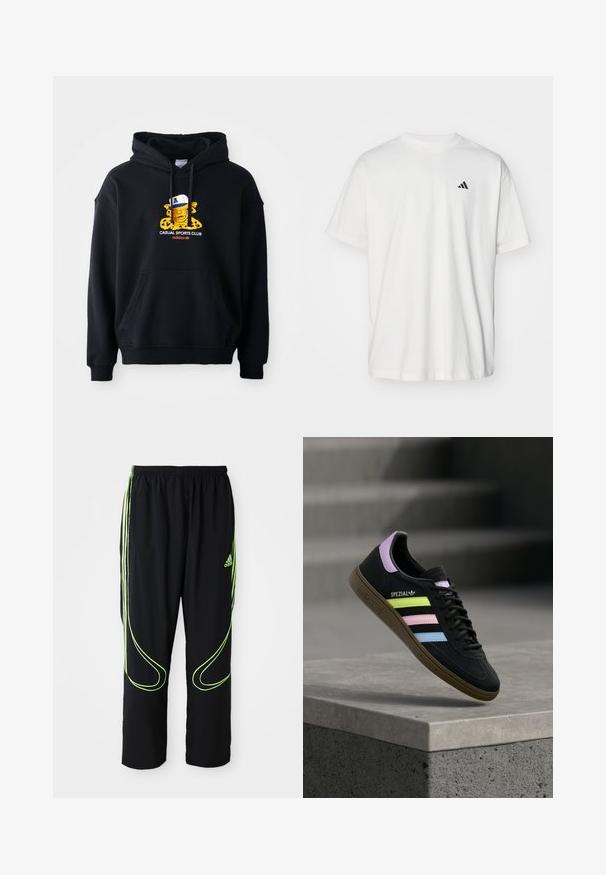 Schwarzer Kapuzenpullover aus Baumwolle, mit einem bunten Grafikmotiv eines Charakters mit einer Mütze. Enthält eine vordere Kängurutasche und gerippte Bündchen.; Weißes Baumwoll-T-Shirt mit kurzen Ärmeln, Rundhalsausschnitt und kleinem schwarzem Adidas-Logo auf der linken Brust. Weicher Stoff, lässige Passform.; Schwarze Adidas Sportpants mit neongrünen, gebogenen Linien und drei Streifen an den Seiten, elastischem Bund und Adidas-Logo am Vorderoberschenkel.; Schwarzer Adidas Spezial Sneaker mit pastellgelben, pinken und blauen Streifen, lavendelfarbenem Fersenlaschen und brauner Sohle, schwebend über einer Betonkante.