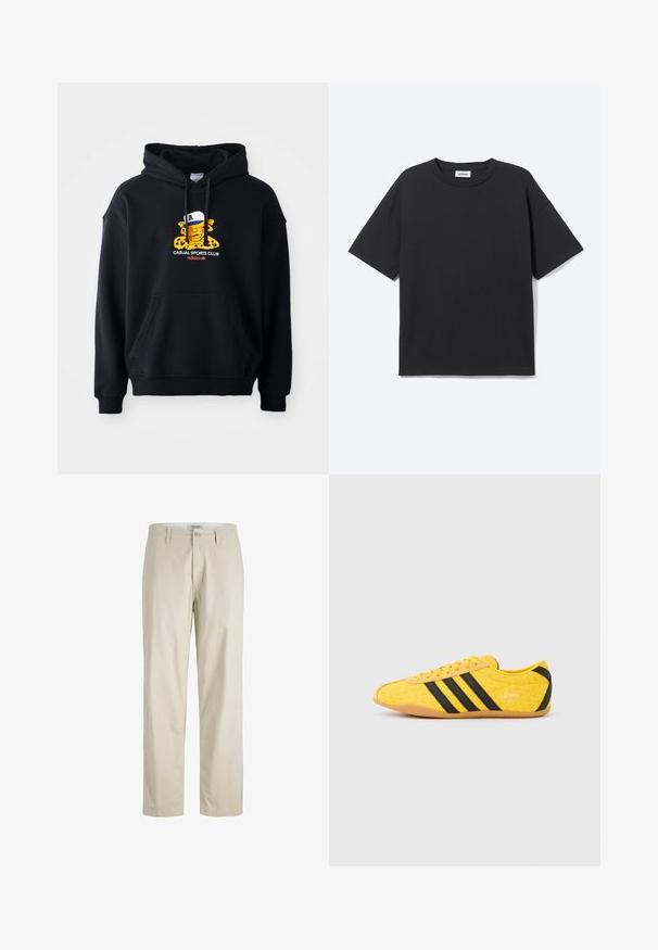 Schwarzer Kapuzenpullover aus Baumwolle, mit einem bunten Grafikmotiv eines Charakters mit einer Mütze. Enthält eine vordere Kängurutasche und gerippte Bündchen.; Schwarzes T-Shirt mit kurzen Ärmeln und Rundhalsausschnitt in lockerer Passform, Vorderansicht, schlichtes Design und sichtbares Weekday-Label im Krageninneren.; Beige, gerade geschnittene Freizeithose mit Gürtelschlaufen, Frontknopf und Reißverschluss, dargestellt auf weißem Hintergrund.; Gelber Sportschuh mit strukturiertem Obermaterial, verziert mit schwarzen Streifen und Logo. Abgerundete Spitze, weiche Sohle und Zickzackmuster auf dem Material.