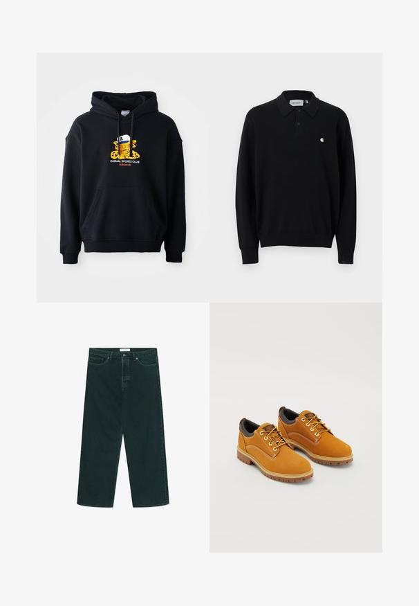 Schwarzer Kapuzenpullover aus Baumwolle, mit einem bunten Grafikmotiv eines Charakters mit einer Mütze. Enthält eine vordere Kängurutasche und gerippte Bündchen.; Schwarzes langärmeliges Poloshirt mit zwei Knöpfen, gerippten Bündchen und Saum sowie einem kleinen weißen Carhartt-Logo auf der linken Brust.; Dunkelgrüne weit geschnittene Jeans aus Denim mit Knopf- und Reißverschluss, Fronttaschen und Gürtelschlaufen, flach auf einem weißen Hintergrund ausgelegt.; Braune Wildlederschuhe mit einer runden Zehenpartie, gelben Schnürsenkeln, einem gepolsterten schwarzen Kragen und Gummisohlen mit Rillen für besseren Halt.
