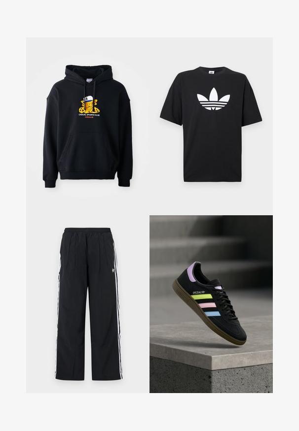 Sort hættetrøje i bomuld, prydet med et farverigt grafik af en karakter med kasket. Inkluderer en frontkangaroo-lomme og ribbestrikkede manchetter.; Sort bomulds T-shirt med korte ærmer, der har et stort hvidt Adidas-logo og tre vandrette striber i bunden. Klassisk rund halsdesign.; Sorte bukser med vide ben og hvide striber på siden, elastisk talje, forreste læg og Adidas-logo på højre lår.; Sort Adidas Spezial sneaker med pastelgule, pink og blå striber, lavendel hælstrop og brun sål, svævende over betonforkant.