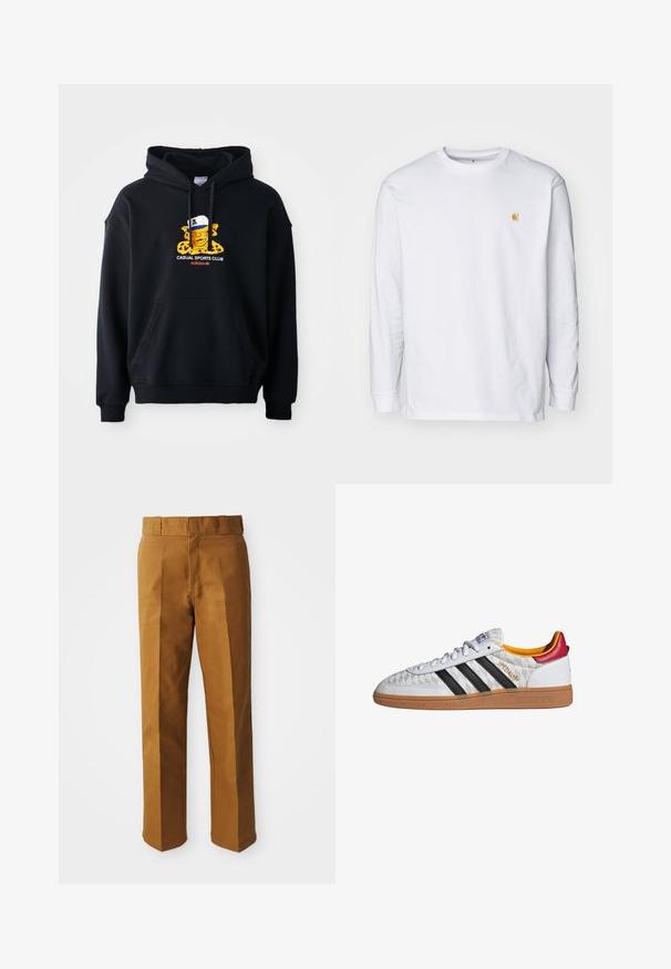 Schwarzer Kapuzenpullover aus Baumwolle, mit einem bunten Grafikmotiv eines Charakters mit einer Mütze. Enthält eine vordere Kängurutasche und gerippte Bündchen.; Weißes Langarm-T-Shirt aus Baumwolle. Mit kleinem goldenem Logo auf der Brust und Rundhalsausschnitt. Einfaches Design und normale Passform.; Braune, maßgeschneiderte Hose mit glatter Textur, mit geradem Beinschnitt, Falten vorne und einem normalen Taillenbund.; Weißer Adidas Spezial Sneaker mit schwarzen Streifen, Gummisohle, gestepptem Muster, rotem Fersenlaschen und gelber Innenausstattung, Seitenansicht.