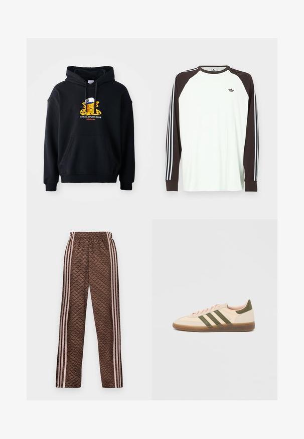 Schwarzer Kapuzenpullover aus Baumwolle, mit einem bunten Grafikmotiv eines Charakters mit einer Mütze. Enthält eine vordere Kängurutasche und gerippte Bündchen.; Weißes Langarmshirt mit braunen Raglanärmeln. Verfügt über blau-weiß gestreifte Akzente an den Ärmeln und ein kleines Logo auf der Brust.; Braune Jogginghose mit hellrosa vertikalen Streifen an den Seiten und einem sich wiederholenden Blattmuster überall, elastischer Bund, gerade Beinform.; Flacher, beigefarbener Adidas Spezial Sneaker mit grünen Streifen, Gummisohle und "SPEZIAL" Schriftzug an der Seite, von der Außenseite gezeigt.