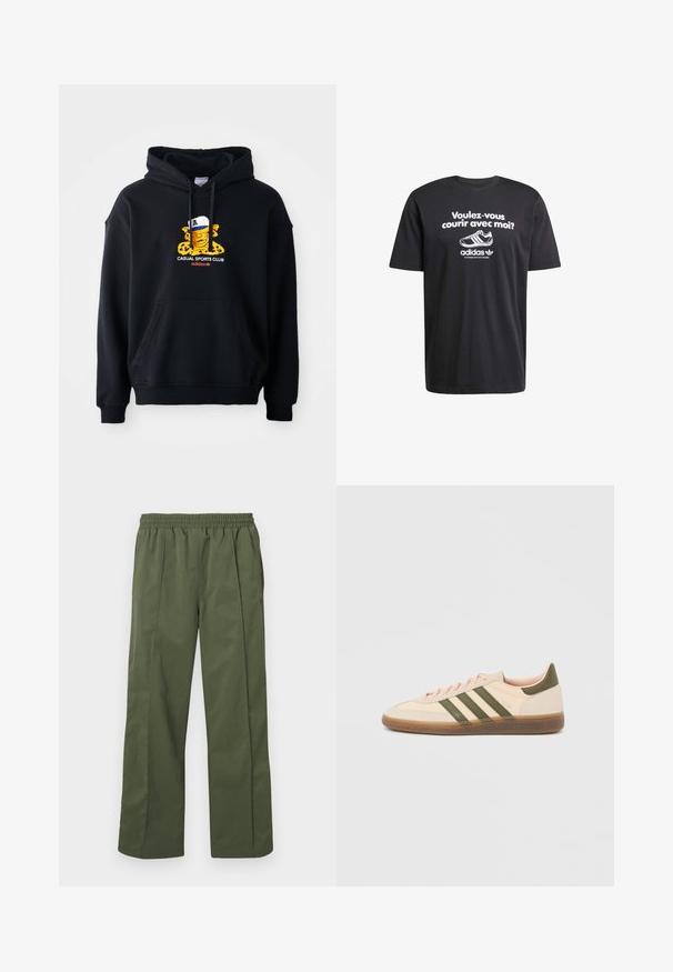 Schwarzer Kapuzenpullover aus Baumwolle, mit einem bunten Grafikmotiv eines Charakters mit einer Mütze. Enthält eine vordere Kängurutasche und gerippte Bündchen.; Schwarzes kurzärmliges T-Shirt mit weißem Text: "Voulez-vous courir avec moi?" und einem Adidas-Logo mit einem Turnschuh-Graphic.; Grüne, leichte, weit geschnittene Hose mit elastischem Bund und Seitentaschen. Glatte Textur mit lockerem Sitz, entworfen für Komfort.; Flacher, beigefarbener Adidas Spezial Sneaker mit grünen Streifen, Gummisohle und "SPEZIAL" Schriftzug an der Seite, von der Außenseite gezeigt.