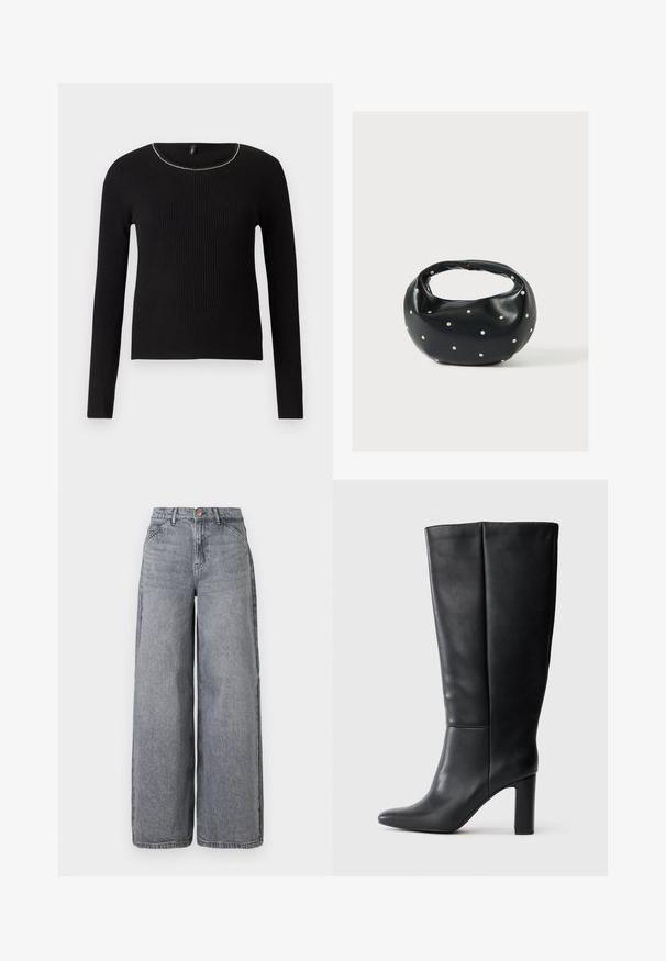 Top noir à manches longues côtelé avec un col rond et une légère touche métallique le long du col. Texture douce, design ajusté.; Jean en denim à jambes larges dans un délavé gris, avec cinq poches, une fermeture à bouton et une texture douce avec des détails de whiskering subtils.; Bottes montantes en cuir noir à bout pointu et à talon carré. Texture lisse avec des détails de couture subtils.; Sac à main en cuir noir de forme arrondie, décoré de clous argentés et équipé d'une poignée courte. Texture lisse et fermeture éclair.