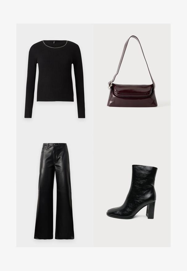 Top noir à manches longues côtelé avec un col rond et une légère touche métallique le long du col. Texture douce, design ajusté.; Pantalons larges en faux cuir noire taille haute avec bouton avant, fermeture éclair, passants de ceinture et poches latérales sur fond blanc.; Bottine en cuir noir brillant avec un bout arrondi et un talon haut épais sur un fond clair uni.; Sac à bandoulière en cuir bordeaux foncé avec fermeture à rabat et une fine sangle réglable, présenté sur un fond clair uni.