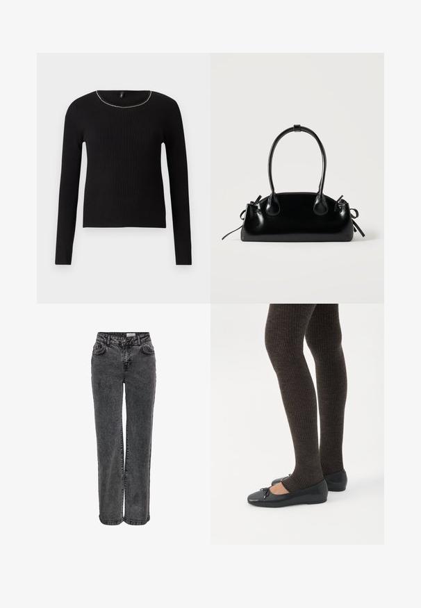Top noir à manches longues côtelé avec un col rond et une légère touche métallique le long du col. Texture douce, design ajusté.; Jeans en denim noir au design droit, avec poches avant, passants de ceinture et une texture légèrement délavée.; Jambes portant des leggings côtelés foncés associés à des ballerines noires avec de petits détails en nœud sur fond blanc.; Petit sac à main noir brillant avec deux longues anses et des détails à cordon sur les côtés sur un fond clair uni.