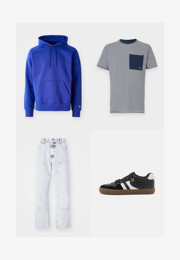 Blauwe katoenen hoodie met een ruime voorkant zak, een verstelbare capuchon met trekkoord en ribgebreide manchetten. Heeft een oranje logo op de onderkant van de mouw.; Ellesse HIRST TEE - T-shirt print - navy; Lichtblauwe denim jeans met rechte pijpen, patchzakken, hoge taille en een vervaagd uiterlijk. Voorzien van ton-sur-ton stiksels en een relaxte pasvorm.; Zwart-witte sneakers met een bovenwerk van suède en leer, voorzien van witte strepen, zwarte veters en een bruine rubberen zool. Gouden logo-accenten.