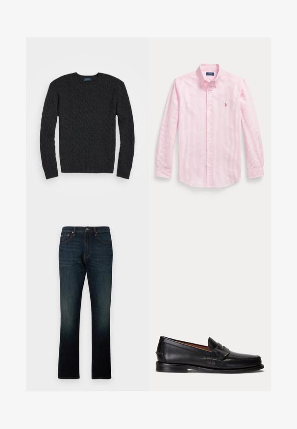 Mørkegrå kabelstrik sweater med lange ærmer, rund hals og ribbede manchetter og kant. Fremstillet af et struktureret stof for varme.; Lyserød langærmet skjorte med knapper, hvide lodrette striber og lille broderet logo på venstre bryst.; Mørkeblå straight-leg denim jeans med fem lommer og orange syninger, vist fladt på en hvid baggrund.; Sort læderloafer med lav hæl og pennyremdetalje, vist fra siden på en lysegrå baggrund.