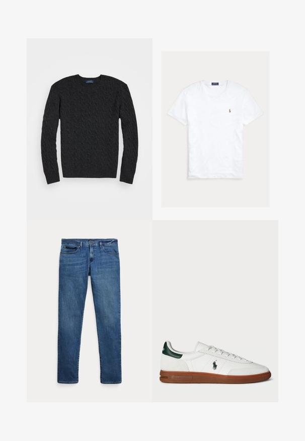 Mørkegrå kabelstrik sweater med lange ærmer, rund hals og ribbede manchetter og kant. Fremstillet af et struktureret stof for varme.; Hvid T-shirt med rund hals og korte ærmer med lille broderet Polo Ralph Lauren-logo på venstre bryst og blå mærkeetiket indvendigt i kraven.; Blå denimjeans med slim fit, der har forlommer, bæltestropper og lukning med knap på hvid baggrund.; Hvide lædersneakers med grøn hælaccent, tekstureret ruskindspanel, gummisål og broderet logo på siden. Har snørebåndsdesign.