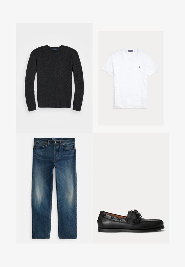 Pull en laine grise foncée avec un tricot torsadé, des manches longues, un col rond et des poignets et un ourlet côtelés. Fabriqué en tissu texturé pour la chaleur.; T-shirt blanc à col rond et manches courtes avec petit logo Polo Ralph Lauren brodé sur la poitrine gauche et étiquette de marque bleue à l’intérieur du col.; Jean en denim bleu indigo avec une coupe droite, un style cinq poches, et un léger effet délavé sur les cuisses. Fermeture par bouton en métal et fermeture éclair.; Mocassin en cuir noir avec détail lacé et semelle basse en caoutchouc, présenté de profil sur un fond clair uni.