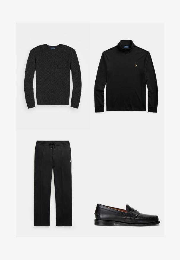 Mørkegrå kabelstrik sweater med lange ærmer, rund hals og ribbede manchetter og kant. Fremstillet af et struktureret stof for varme.; Sort langærmet rullekravetrøje med lille gyldent Polo Ralph Lauren-logo på venstre bryst, vist fladt på lys baggrund.; Svarte sweatpants med lige ben, snøre i taljen og lille hvidt logo på venstre lår, vist fladt på lys baggrund.; Sort læderloafer med lav hæl og pennyremdetalje, vist fra siden på en lysegrå baggrund.