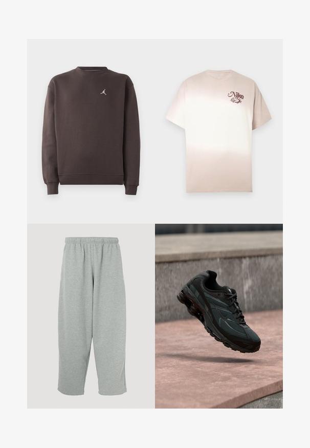 Mørkebrun langærmet sweatshirts med rund hals og lille hvid Jumpman-logo på venstre bryst, ribbede manchetter og kant.; Nike T-shirt i beige til creme ombré, korte ærmer, rund hals, med en lille brun logo på øverste venstre bryst. Blødt bomuldsstof.; Lysegrå joggingbukser med elastisk taljebånd, konisk ben-design og blød tekstur. Ingen synligt mærke eller mønstre.; Sort atletisk sneaker med synligt luftdæmpende mellemsål, der svæver over en pink stenoverflade med en grå stenvæg i baggrunden.