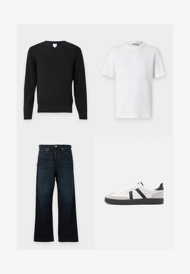 Pull noir à col en V avec manches longues, en tissu lisse. Présente des poignets et un ourlet côtelés, avec l'étiquette de la marque à l'intérieur du col. Coupe standard.; T-shirt blanc à manches courtes en maille gaufrée avec col rond, petite étiquette de marque à l'intérieur du col, présenté sur un fond uni.; Jeans droit bleu foncé avec un design classique à cinq poches, passants de ceinture et légers détails décolorés à l'avant et aux genoux.; Baskets blanches avec des accents noirs et gris, présentant un embout texturé gris, une semelle en caoutchouc noir et des lacets plats blancs. Design épuré, style minimaliste.