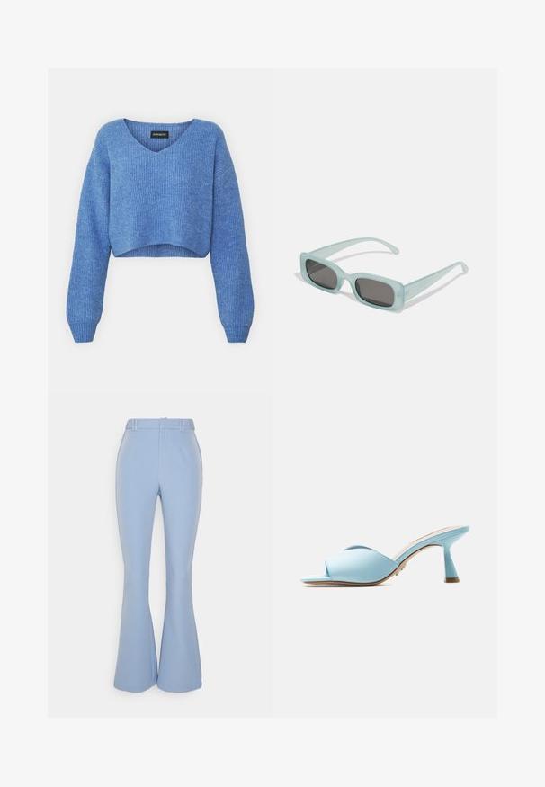 Modrý skrátený sveter s výstrihom do V, rebrovanou textúrou a dlhými rukávmi. Vyrobený z mäkkého materiálu. Značka: even&odd.; IN THE STYLE PERRIE SIAN BLUE TAILORED TROUSERS - Nohavice - blue; Svetlomodré mule s otvorenou špičkou, širokými krížovými remienkami a rozšíreným stredne vysokým podpätkom, zobrazené z profilu na bielom pozadí.; Párik obdĺžnikových slnečných okuliarov s svetlomodrými priehľadnými rámami a tmavosivými sklami, s rovnými stranami a minimálnymi hardvérovými detailmi.
