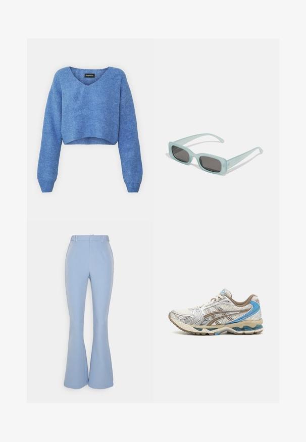 Sinine lühike sviiter V-kaelusega, soonikstruktuuriga ja pikkade varrukatega. Valmistatud pehmest materjalist. Silt: even&odd.; IN THE STYLE PERRIE SIAN BLUE TAILORED TROUSERS - Püksid - blue; Valge ja beež jooksujalanõu siniste aktsentidega, võrkkattega pealmise osaga, pehmendusega tallaga ja paeltega disainiga, nähtav välisküljelt.; Kaks ümmargust päikeseprilli, millel on helesinised poolläbipaistvad raamid ja tumehallid objektiivid, sirged tempud ja minimaalsete detailidega riistvara.