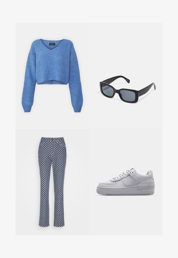 Pull cropped bleu avec un décolleté en V, texture côtelée et manches longues. Fabriqué dans un matériau doux. Étiquette : even&odd.; Envii KATRINE PANTS - Pantalon classique - mottled blue; Basket en cuir lisse gris Nike Air Force 1 avec un bout perforé, une semelle épaisse et un détail 'AIR' en relief sur le talon.; Lunettes de soleil rectangulaires noires avec des verres teintés foncés, monture en plastique épaisse et branches larges. Surface lisse et design angulaire.