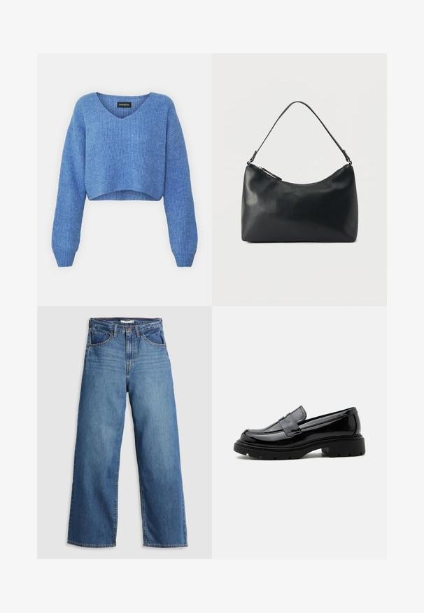 Pull cropped bleu avec un décolleté en V, texture côtelée et manches longues. Fabriqué dans un matériau doux. Étiquette : even&odd.; Jean large en denim bleu à taille haute, doté de cinq poches, de coutures contrastantes et d'une fermeture éclair.; Mocassin en cuir noir brillant avec semelle épaisse à crampons et bride penny, présenté en profil latéral sur fond blanc uni.; Sac bandoulière en cuir noir texturé avec fermeture éclair incurvée en haut et une seule sangle ajustable sur fond uni.