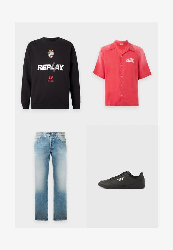 Sweatshirt noir avec le logo "REPLAY" et le blason de Replay FC, affichant trois étoiles et les couleurs du drapeau italien au centre avant.; Chemise à boutons rouge à manches courtes en tissu lisse. Présente un col et un logo blanc sur la poitrine gauche. Design simple, sans motifs.; Jean en denim bleu clair avec une coupe droite, présentant un délavage, cinq poches et une fermeture à bouton au niveau de la taille.; Baskets synthétiques noires avec une semelle noire texturée, un bout rond et des lacets plats noirs. Logo blanc remarquablement placé sur le côté extérieur.