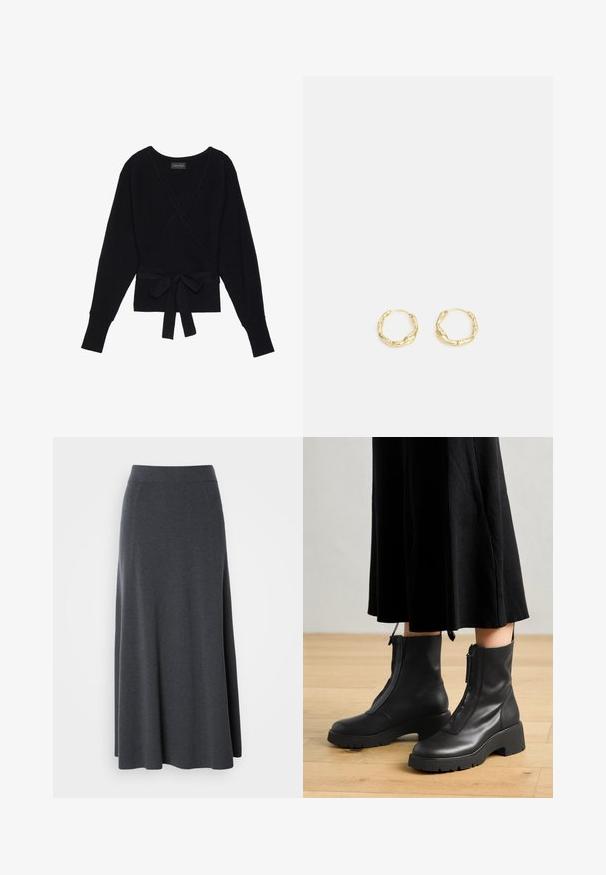 Suéter negro de manga larga con estilo envolvente, con textura acanalada y un cinturón de tela atado en forma de lazo en la cintura.; Larga falda maxi de color gris oscuro, hecha de tela suave y elástica. Presenta una cintura alta y un diseño fluido, con costuras laterales sutiles para darle forma.; Botas de tobillo de cuero negro con suela de plataforma gruesa y cremallera delantera. Textura suave con un diseño minimalista.; Pendientes de aro de oro con una superficie texturizada e irregular. Presentan un diseño ligero y una forma circular, aptos para el uso diario.