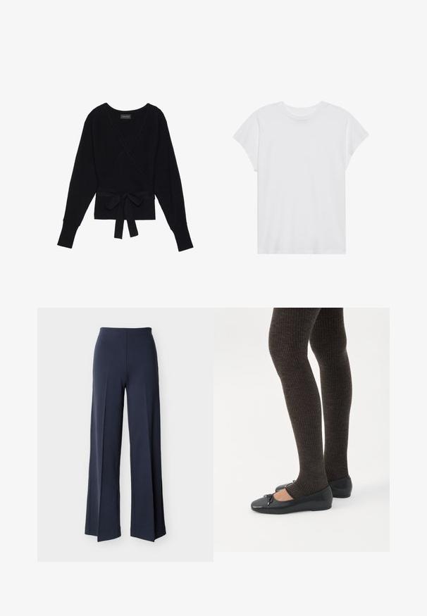 Zwarte lange mouw wikkeltrui met geribbeld structuur en een stoffen riem die in een strik om de taille is geknoopt.; Witte t-shirt met korte mouwen, ronde hals, relaxte pasvorm, gemaakt van zacht katoen. Glad textuur, geen patronen of logo's.; Marineblauwe wijde broek met zijsplitsingen, hoge taille en een gladde voorkant, weergegeven tegen een witte achtergrond.; Benen met donkere geribbelde leggings gecombineerd met zwarte ballerina's met kleine strikdetails op een witte achtergrond.