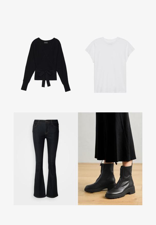 Suéter negro de manga larga con estilo envolvente, con textura acanalada y un cinturón de tela atado en forma de lazo en la cintura.; Camiseta blanca de manga corta con cuello redondo, corte relajado, hecha de suave tela de algodón. Textura lisa, sin estampados ni logotipos.; Jeans acampanados de color azul oscuro, hechos de denim. Tienen una cintura de altura media, cinco bolsillos y costuras en contraste a lo largo de las costuras. Diseño clásico y funcional.; Botas de tobillo de cuero negro con suela de plataforma gruesa y cremallera delantera. Textura suave con un diseño minimalista.