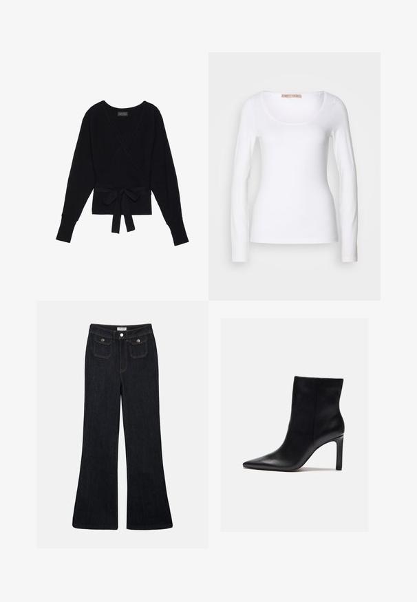 Suéter negro de manga larga con estilo envolvente, con textura acanalada y un cinturón de tela atado en forma de lazo en la cintura.; Camiseta de algodón blanca de manga larga con escote redondeado y un diseño ajustado, de textura suave y sin adornos.; Vaqueros de mezclilla oscuros de corte acampanado, con cintura alta, dos bolsillos delanteros y costuras naranjas. El material parece robusto y suave.; Zign by Zalando Botines de tacón - black
