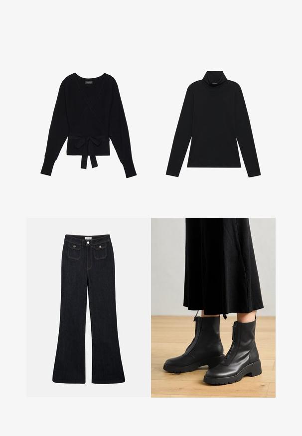 Pull à manches longues noir, enroulé, avec une texture côtelée et une ceinture en tissu nouée en un noeud à la taille.; Turtleneck à manches longues noir. Tissu doux, design près du corps, col montant et coutures latérales. Style simple et polyvalent, idéal pour le superposition.; Jeans en denim foncé évasés avec une taille haute, deux poches avant et des coutures orange. Le matériau semble robuste et lisse.; Bottines en cuir noir avec une semelle plateforme épaisse et une fermeture éclair à l'avant. Texture lisse avec un design minimaliste.
