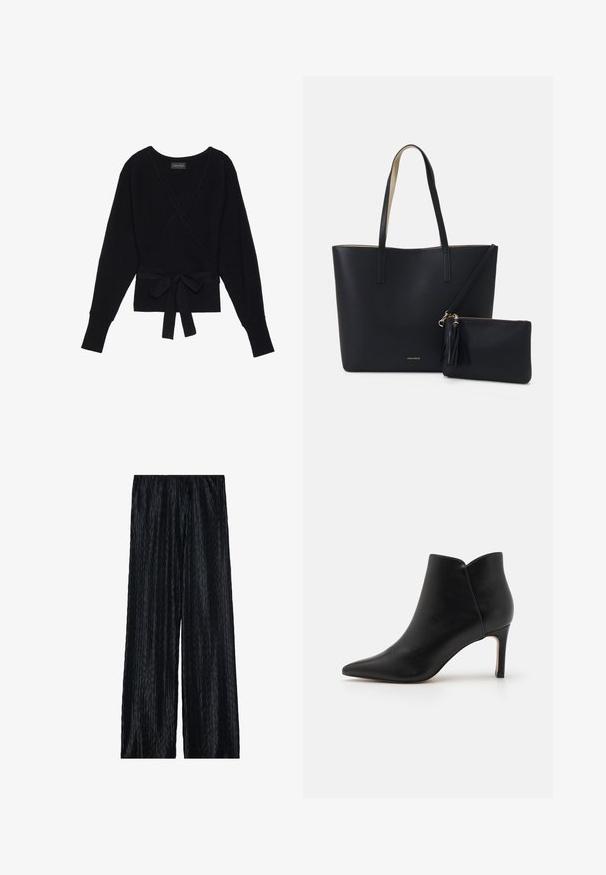Suéter negro de manga larga con estilo envolvente, con textura acanalada y un cinturón de tela atado en forma de lazo en la cintura.; Pantalones de pierna ancha plisada en negro, confeccionados con un material texturizado que presenta un patrón de zigzag vertical y una cinturilla elástica para un ajuste cómodo.; Botines de cuero negro hasta el tobillo con punta afilada, diseño tapered y tacón de aguja, que cuentan con una abertura en el tobillo con un borde festoneado único.; Bolsa tote negra con material texturizado, dos asas largas y un bolso con cremallera removible que cuenta con un detalle de borlas. Logo de la marca en dorado visible.