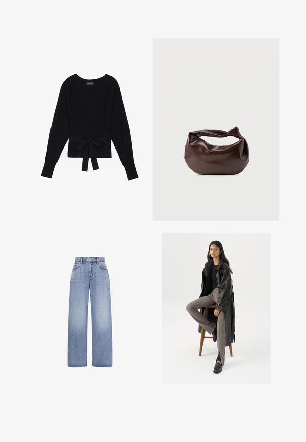 Zwarte lange mouw wikkeltrui met geribbeld structuur en een stoffen riem die in een strik om de taille is geknoopt.; Lichtblauwe high-waist wijde jeans met knoop- en ritsluiting aan de voorkant en vijfzakkenontwerp op witte achtergrond.; Zwarte leren trenchcoat met knopen en riemdetails, gecombineerd met lichtbruine getailleerde broek en zwarte loafers, zittend op een houten kruk.; Donkerbruine leren schoudertas met een zachte, slungelige vorm en een gedraaide knoopvormige handgreep op een effen witte achtergrond.