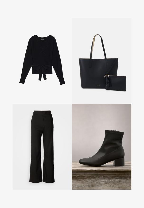 Pull à manches longues noir, enroulé, avec une texture côtelée et une ceinture en tissu nouée en un noeud à la taille.; Pantalons noirs à jambes larges avec une texture lisse, taille haute et un design épuré. Pas de poches visibles ni d'embellissements.; Bottine noire à finition en cuir lisse et brillante, talon bloc incliné, et tige ajustée élastiquée pour une silhouette élégante.; Sac fourre-tout noir avec un matériau texturé, deux longues anses et une pochette zippée amovible avec un détail de pompon. Logo de la marque en orvisible.