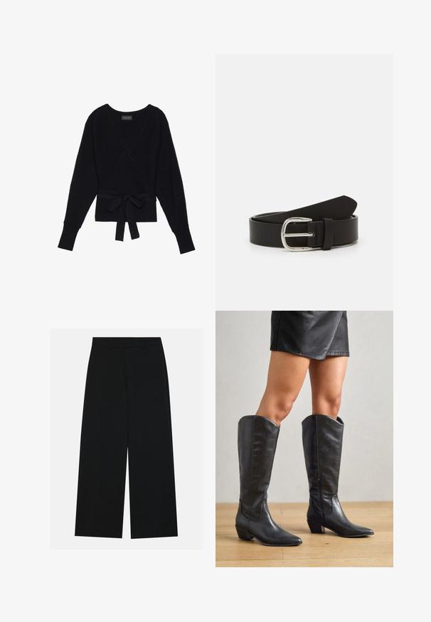 Pull à manches longues noir, enroulé, avec une texture côtelée et une ceinture en tissu nouée en un noeud à la taille.; Pantalons noirs à jambe large en tissu lisse. Dotés d'une taille plate avec passants de ceinture et sans poches visibles. Design simple.; Bottes noires montantes en cuir lisse, avec un bout pointu, un petit talon carré et une fermeture éclair sur le côté pour un enfilage facile.; Ceinture en cuir noir avec une texture lisse, dotée d'une boucle en métal argenté et d'une extrémité effilée. Design simple et classique.