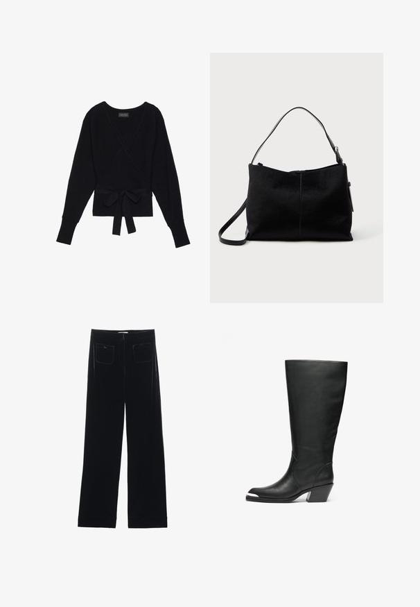 Suéter negro de manga larga con estilo envolvente, con textura acanalada y un cinturón de tela atado en forma de lazo en la cintura.; Pantalones de terciopelo negro de pierna ancha con dos bolsillos traseros y una textura suave, con un corte recto y un acabado dobladillo en los tobillos.; Botas altas de cuero negro con punta cerrada y diseño con recortes. Presentan un tacón ancho y una textura suave. Detalles en los paneles laterales destacados.; Bolso negro de hombro con una superficie lisa y texturizada, con una única correa y un cierre de cremallera en la parte superior. Forma rectangular compacta.