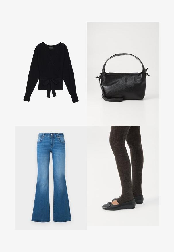 Pull à manches longues noir, enroulé, avec une texture côtelée et une ceinture en tissu nouée en un noeud à la taille.; Jean en denim bleu évasé avec une taille mi-haute, cinq poches et des détails décolorés sur les cuisses. Accents en métal argenté sur les boutons.; Jambes portant des leggings côtelés foncés associés à des ballerines noires avec de petits détails en nœud sur fond blanc.; Sac à main en cuir noir au design structuré, avec une poignée arrondie et une bandoulière amovible. Présente une texture lisse et un éclat subtil.