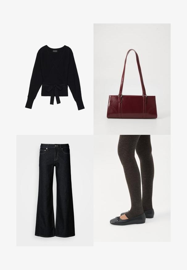 Suéter negro de manga larga con estilo envolvente, con textura acanalada y un cinturón de tela atado en forma de lazo en la cintura.; Pantalones vaqueros de pierna ancha y denim oscuro, con cintura alta, diseño de cinco bolsillos y costuras contrastantes en color amarillo a lo largo de las costuras.; Piernas con leggings oscuros acanalados combinados con bailarinas negras que presentan pequeños detalles de lazo sobre un fondo blanco.; Bolso burdeos hecho de material brillante, de forma rectangular, con dos asas para el hombro y sutiles acentos curvados en la parte frontal.