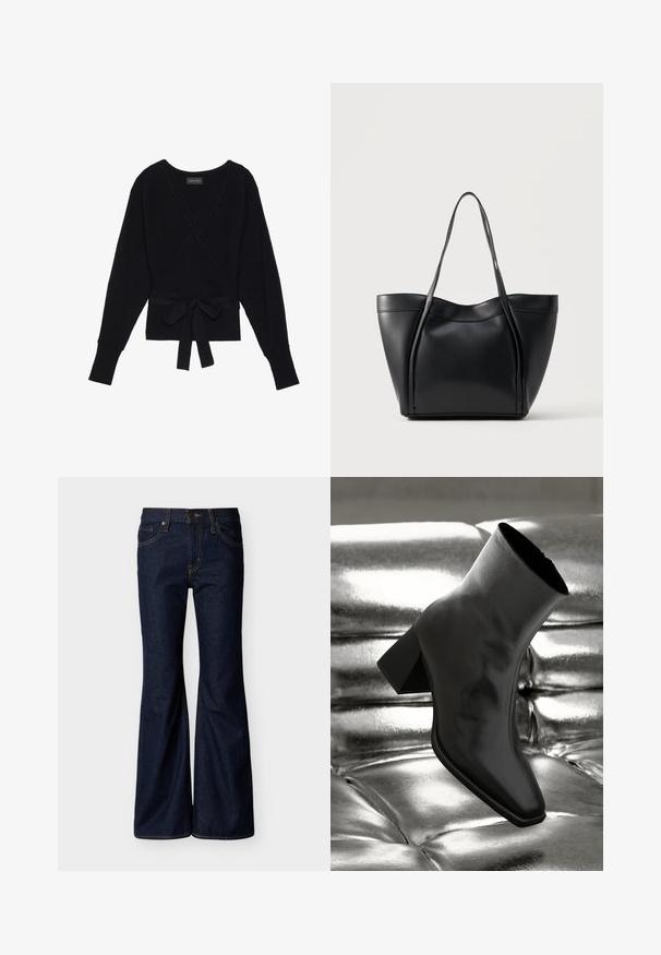 Pull à manches longues noir, enroulé, avec une texture côtelée et une ceinture en tissu nouée en un noeud à la taille.; Jean en denim bleu foncé avec jambes évasées, fermeture avant par bouton et zip, et design à cinq poches avec surpiqûres contrastantes.; Botte noire à la cheville en matériau brillant avec un bout carré et un talon effilé, sur un fond argenté brillant et capitonné.; Sac cabas en cuir noir avec deux longues anses et un bord supérieur légèrement incurvé, présenté sur un fond clair uni.