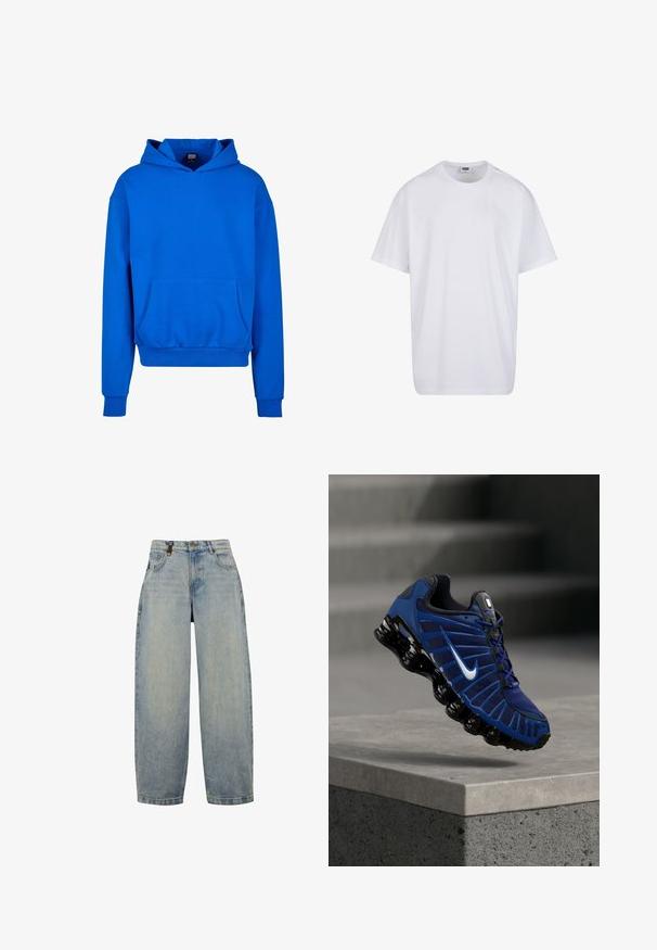 Blauwe capuchontrui met een voorzak, ribgebreide manchetten en onderrand. Gemaakt van zacht materiaal, met een ontspannen pasvorm en geen zichtbare logo's.; Effen witte katoenen T-shirt met korte mouwen, ronde hals en zichtbare maat- en merklabel aan de binnenkant van de kraag.; Lichtblauwe denim jeans met een ontspannen pasvorm, voorzien van een hoge taille, wijde pijpen, een klassiek vijf-pocket ontwerp en metalen hardware accenten.; Blauwe en zwarte Nike hardloopschoen met wit swoosh-logo, zwevend boven een betonnen rand met gestructureerde treden op de vervaagde achtergrond.