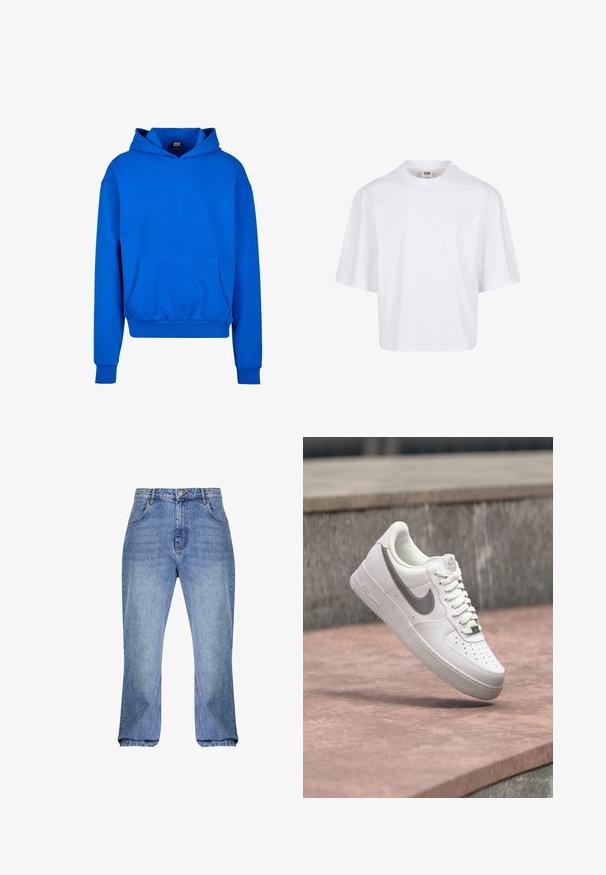 Sweat-shirt bleu à capuche avec une poche avant, des poignets et un ourlet côtelés. Fabriqué en tissu doux, il présente une coupe décontractée et n'affiche aucun logo visible.; T-shirt blanc à manches courtes avec un col rond et une coupe décontractée, fabriqué à partir d'un tissu en coton mélangé doux. Aucun motif ni embellissement.; Jean en denim bleu clair avec taille haute, coupe droite et bas légèrement évasés. Comprend un style classique à cinq poches et des passants de ceinture.; Baskets blanches Nike Air Force 1 avec logo swoosh gris flottant au-dessus d'une surface en pierre et un mur en pierre gris en arrière-plan.