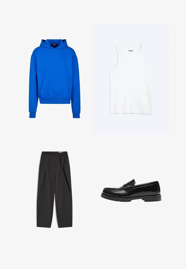 Blå hættetrøje med en frontlomme, ribbede manchetter og kant. Fremstillet af blødt stof, med en afslappet pasform og uden synlige logoer.; Hvid ærmeløs tanktop med rund halsudskæring og Weekday-mærke på den indvendige baghals, vist fladt på lys baggrund.; Sorte sorte bukser med høj talje, skræddersyede med læg, bæltestropper og lige ben, vist fladt på en hvid baggrund.; Sort læderloafer med en kraftig gummisål og klassiske penny-strap detaljer, vist fra ydersiden.