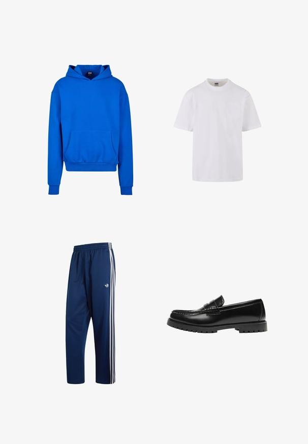 Blauwe capuchontrui met een voorzak, ribgebreide manchetten en onderrand. Gemaakt van zacht materiaal, met een ontspannen pasvorm en geen zichtbare logo's.; Witte korte mouwen T-shirt van katoen, met een ronde halslijn en een enkele zak aan de linkerkant van de borst.; Donkerblauwe Adidas trainingsbroek met elastische tailleband, witte drie strepen langs de zijkanten en klein trefoil-logo op de bovenkant van het dijbeen.; Zwarte leren loafer met een dikke rubberen zool en klassieke penny-strap details, gezien vanaf de buitenkant.